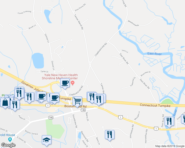 map of restaurants, bars, coffee shops, grocery stores, and more near 182 Tanner Marsh Road in Guilford