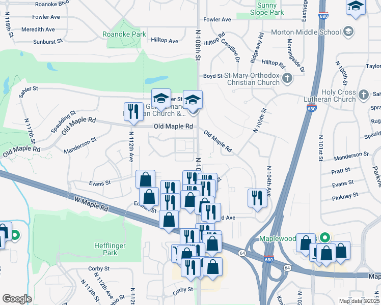 map of restaurants, bars, coffee shops, grocery stores, and more near 10825 Manderson Plaza in Omaha