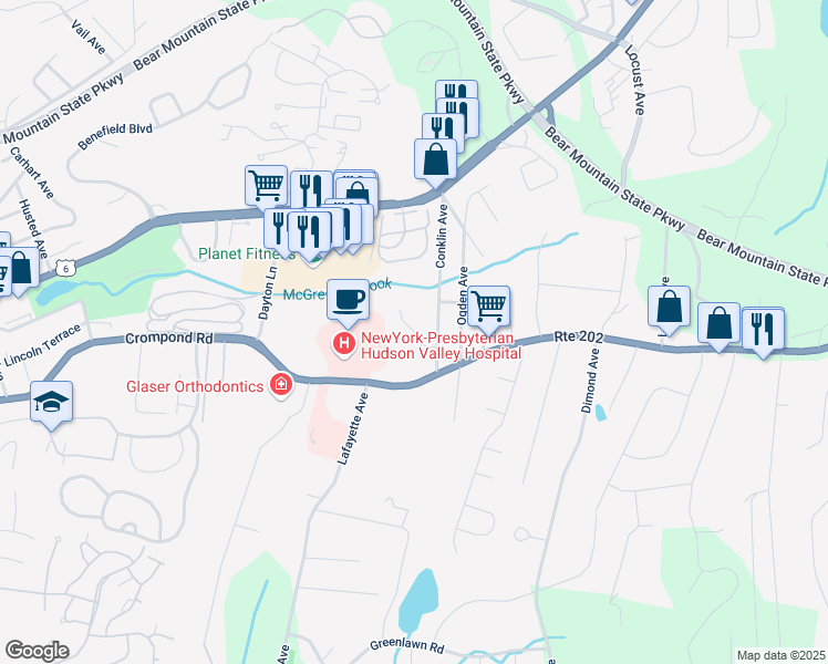 map of restaurants, bars, coffee shops, grocery stores, and more near 20 Conklin Avenue in Cortlandt