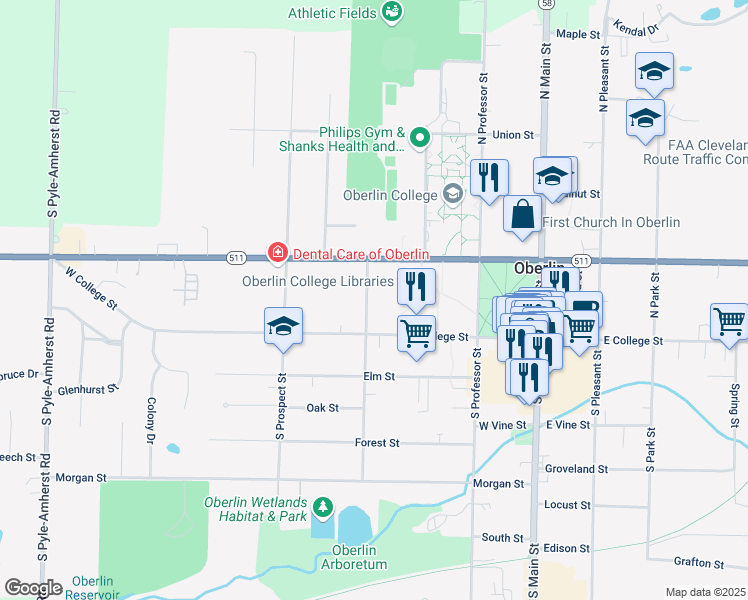 map of restaurants, bars, coffee shops, grocery stores, and more near 173 West Lorain Street in Oberlin