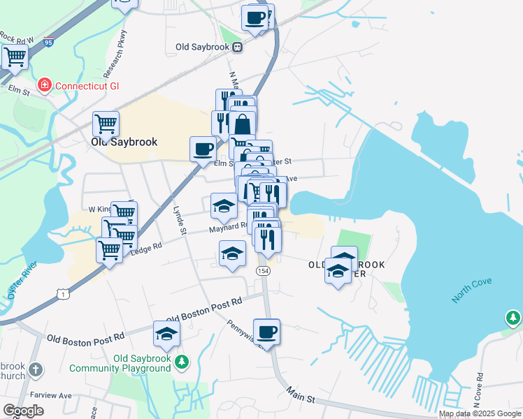 map of restaurants, bars, coffee shops, grocery stores, and more near 180 Main Street in Old Saybrook