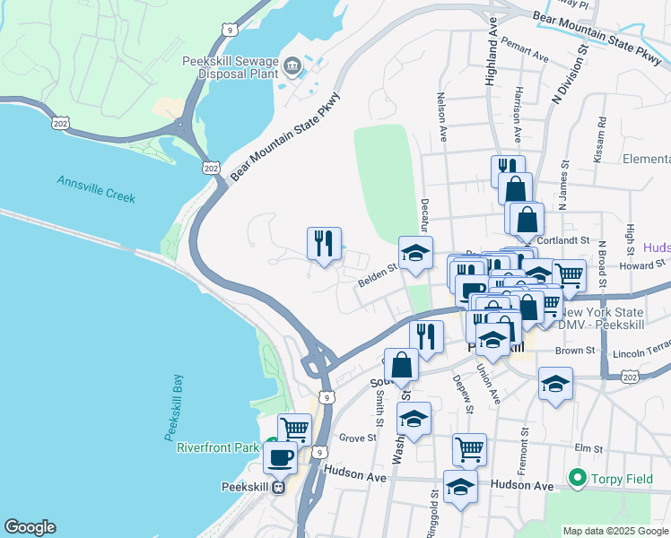 map of restaurants, bars, coffee shops, grocery stores, and more near 600 Fort Hill Road in Peekskill