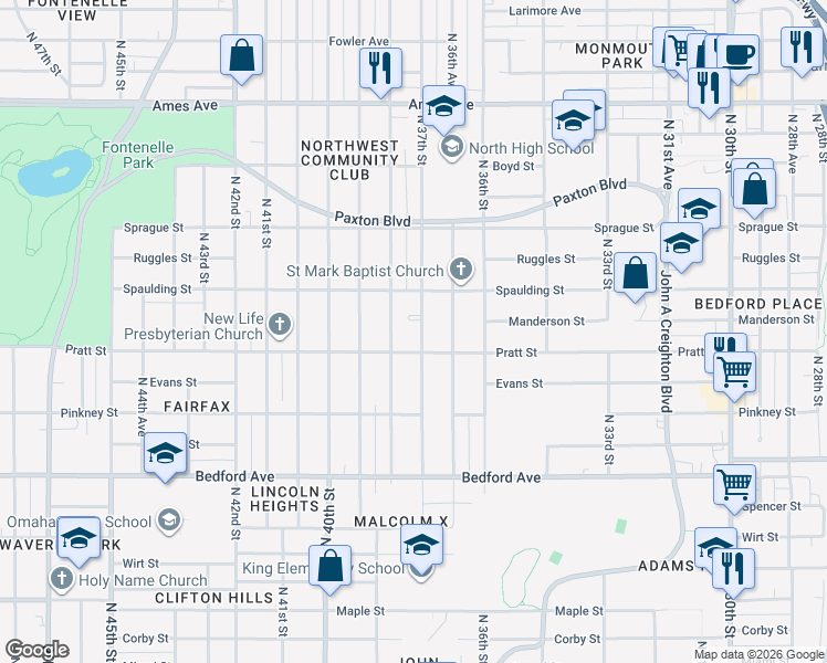map of restaurants, bars, coffee shops, grocery stores, and more near 3743 North 37th Street in Omaha