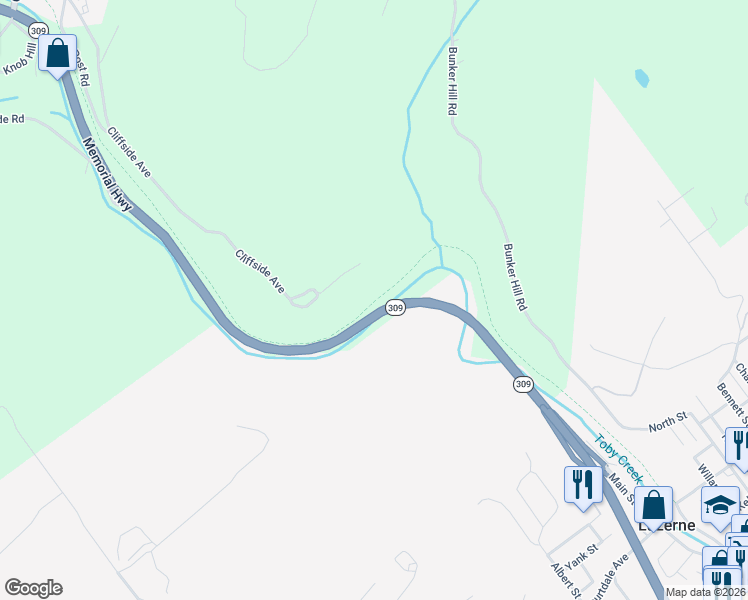 map of restaurants, bars, coffee shops, grocery stores, and more near Back Mountain Rail Trail in Luzerne