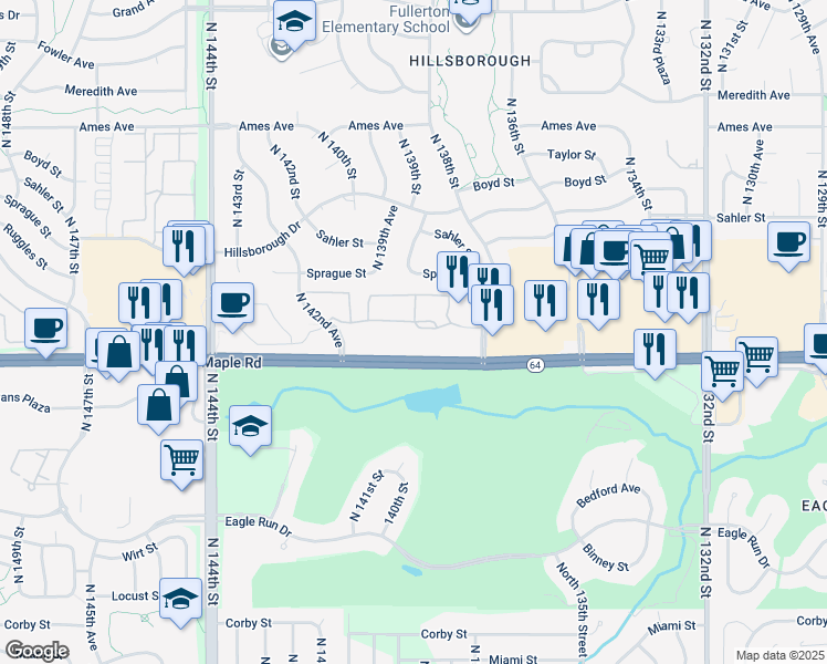 map of restaurants, bars, coffee shops, grocery stores, and more near 13915 Manderson Plaza in Omaha