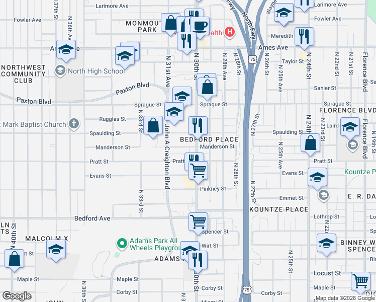 map of restaurants, bars, coffee shops, grocery stores, and more near 3012 Manderson Street in Omaha