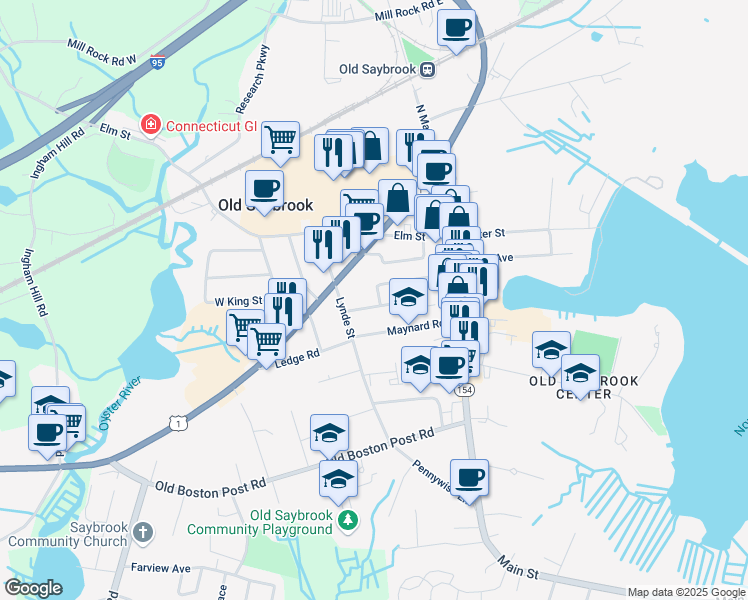 map of restaurants, bars, coffee shops, grocery stores, and more near 45 Elmwood Street in Old Saybrook