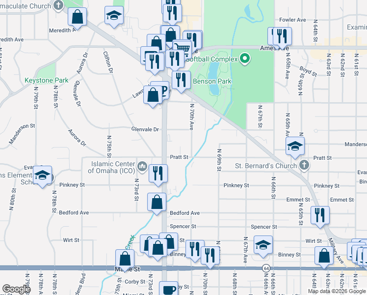 map of restaurants, bars, coffee shops, grocery stores, and more near 3833 North 72nd Street in Omaha