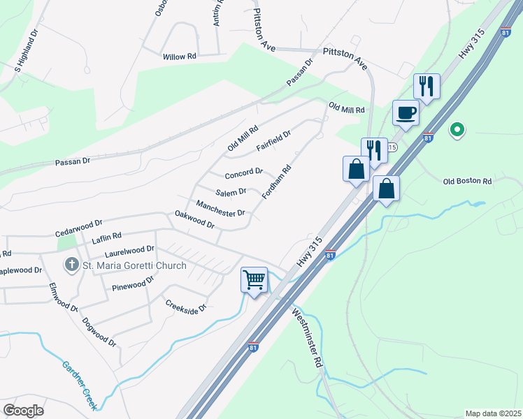 map of restaurants, bars, coffee shops, grocery stores, and more near 13 Fordham Road in Wilkes-Barre