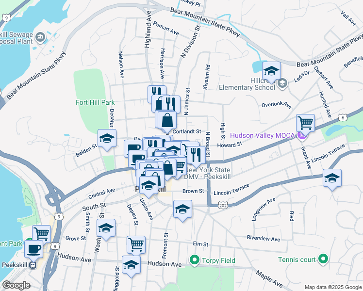 map of restaurants, bars, coffee shops, grocery stores, and more near 219 North James Street in Peekskill