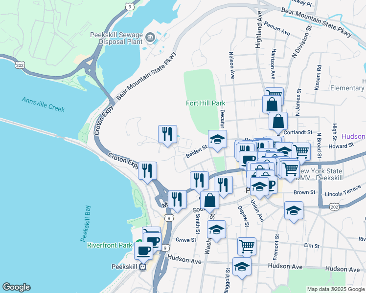 map of restaurants, bars, coffee shops, grocery stores, and more near 600 Fort Hill Road in Peekskill