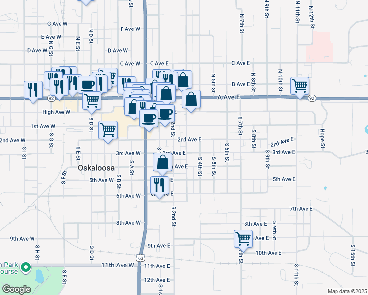 map of restaurants, bars, coffee shops, grocery stores, and more near 301-399 South 3rd Street in Oskaloosa