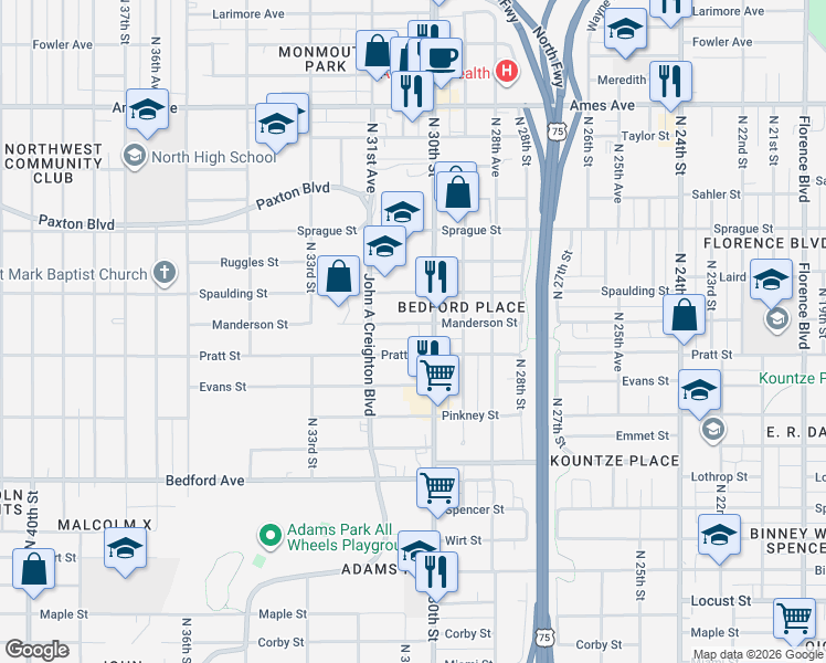 map of restaurants, bars, coffee shops, grocery stores, and more near 3012 Manderson Street in Omaha