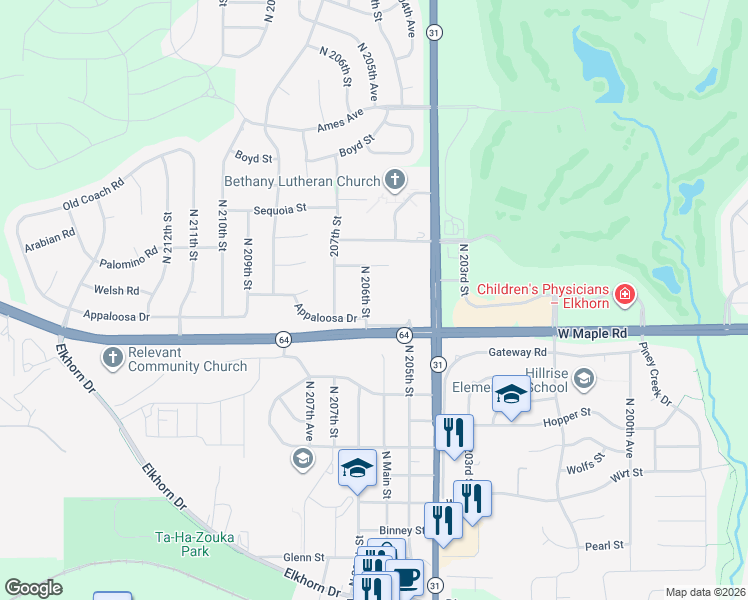 map of restaurants, bars, coffee shops, grocery stores, and more near 3821 North 206th Street in Omaha