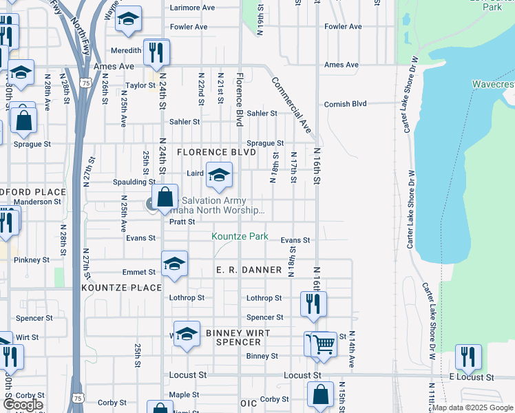 map of restaurants, bars, coffee shops, grocery stores, and more near 3802 North 19th Street in Omaha
