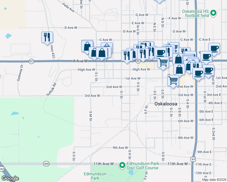 map of restaurants, bars, coffee shops, grocery stores, and more near 1111 2nd Avenue West in Oskaloosa