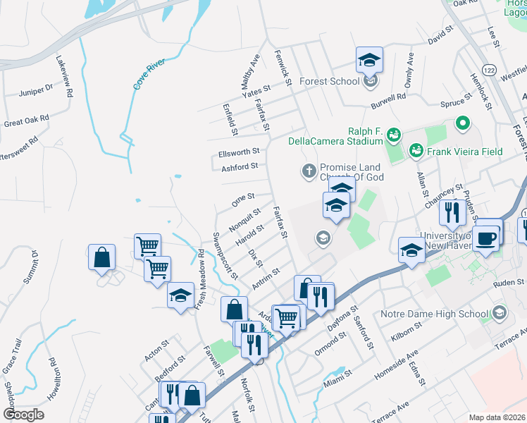 map of restaurants, bars, coffee shops, grocery stores, and more near 22 Nonquit Street in West Haven