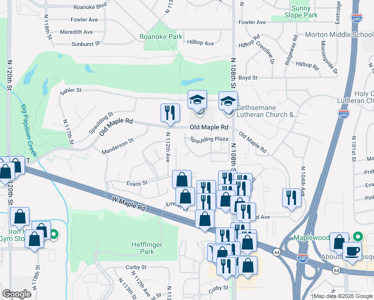map of restaurants, bars, coffee shops, grocery stores, and more near 3833 North 111th Plaza in Omaha