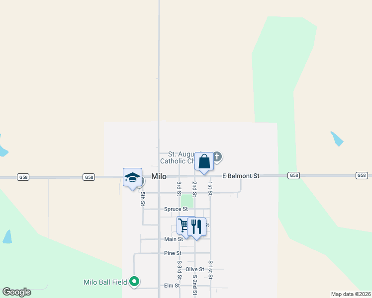 map of restaurants, bars, coffee shops, grocery stores, and more near 305 Peanut Street in Milo
