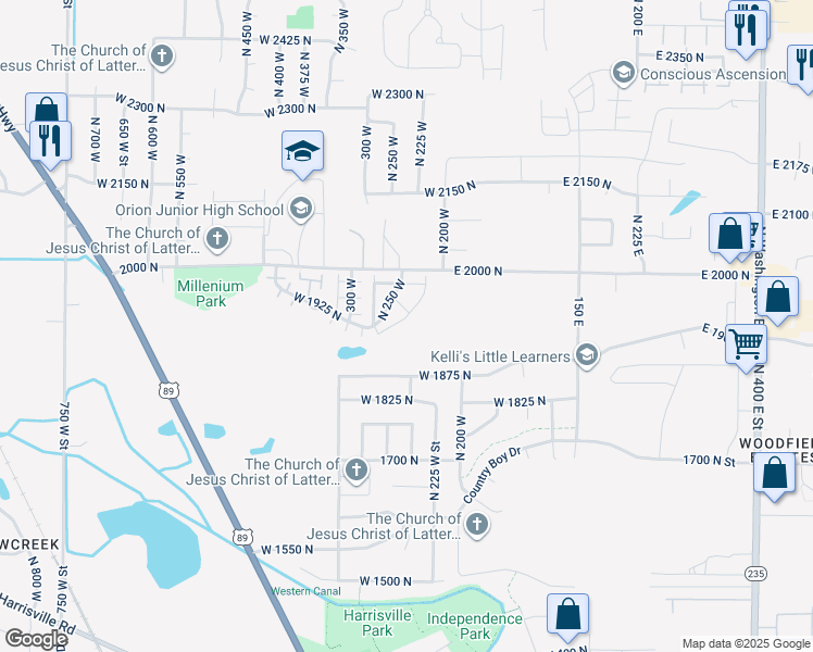 map of restaurants, bars, coffee shops, grocery stores, and more near 1958 North 225 West in Harrisville