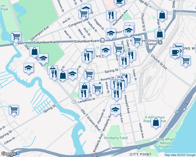 map of restaurants, bars, coffee shops, grocery stores, and more near 200 Spring Street in New Haven