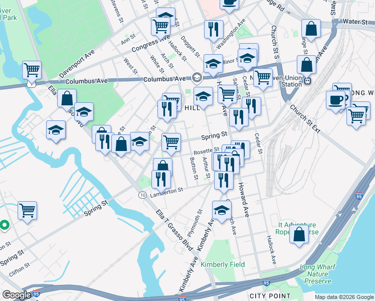 map of restaurants, bars, coffee shops, grocery stores, and more near 200 Spring Street in New Haven