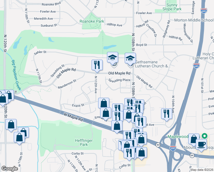 map of restaurants, bars, coffee shops, grocery stores, and more near 3833 North 111th Plaza in Omaha