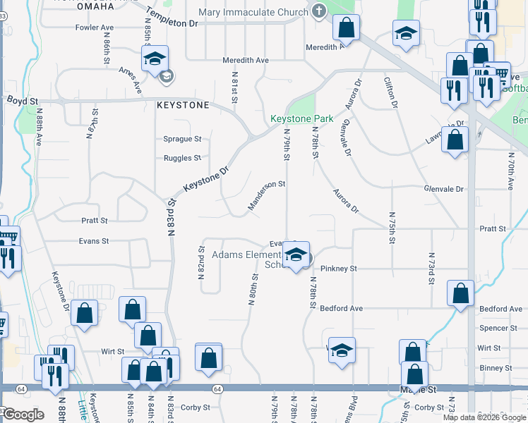 map of restaurants, bars, coffee shops, grocery stores, and more near 3734 North 79th Street in Omaha