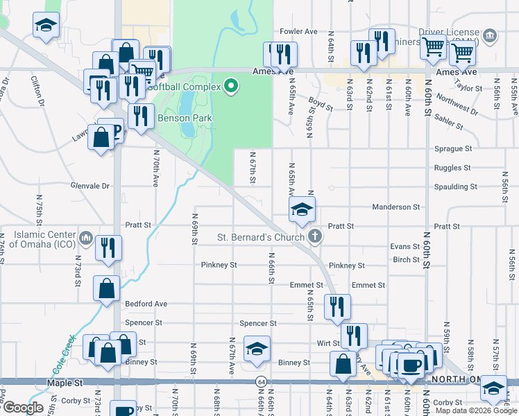 map of restaurants, bars, coffee shops, grocery stores, and more near 6650 Military Avenue in Omaha