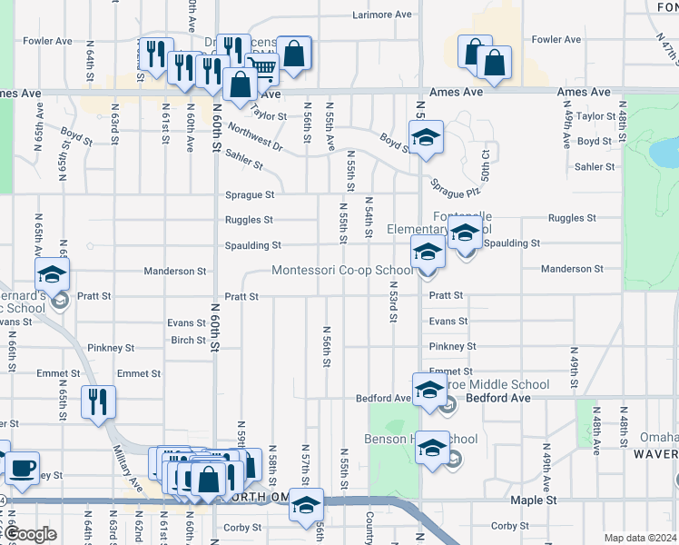 map of restaurants, bars, coffee shops, grocery stores, and more near 3724 North 55th Street in Omaha