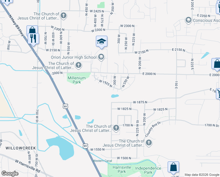 map of restaurants, bars, coffee shops, grocery stores, and more near 1016 North 325 West in Harrisville