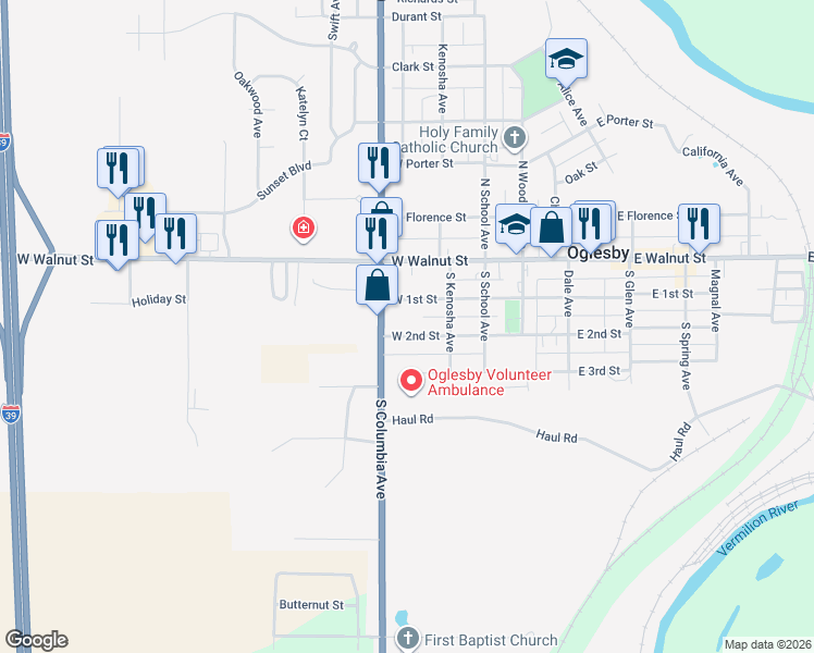 map of restaurants, bars, coffee shops, grocery stores, and more near 435 West 1st Street in Oglesby