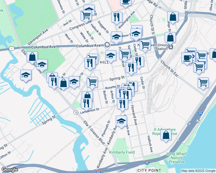 map of restaurants, bars, coffee shops, grocery stores, and more near 125 Rosette Street in New Haven
