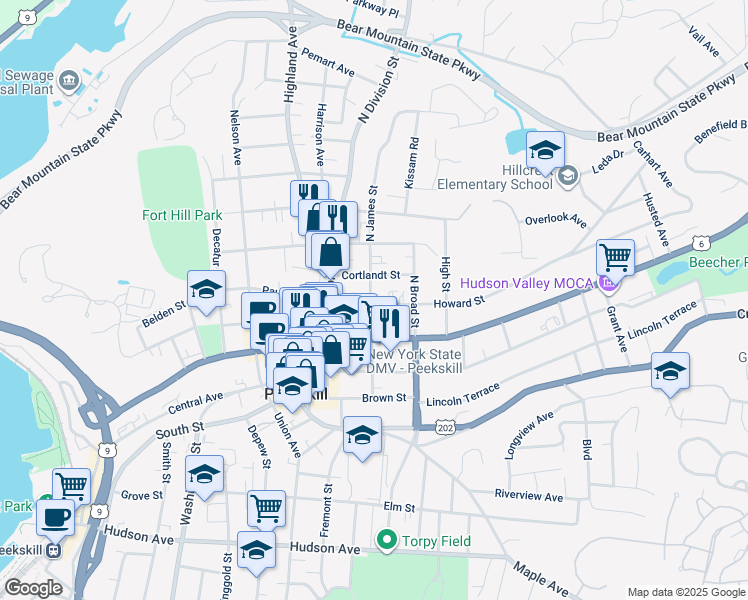map of restaurants, bars, coffee shops, grocery stores, and more near 1100 Howard Street in Peekskill