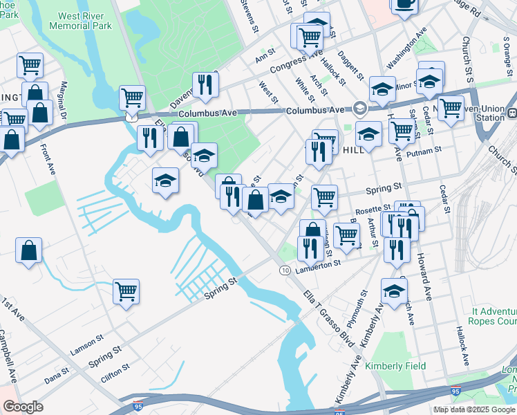 map of restaurants, bars, coffee shops, grocery stores, and more near 196 Frank Street in New Haven