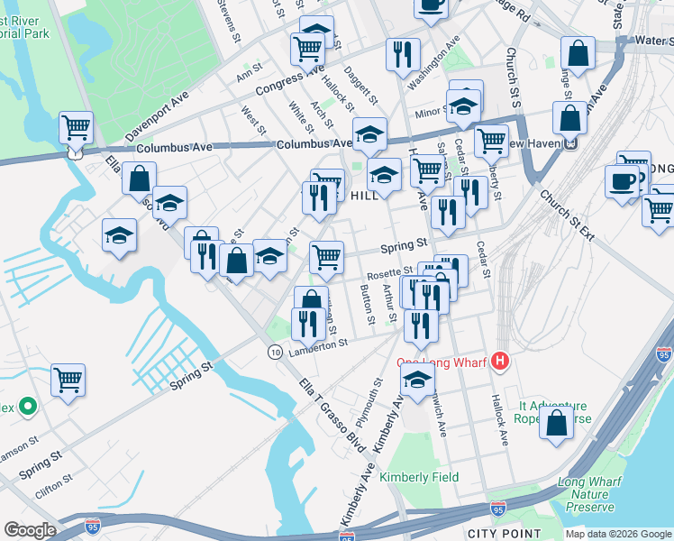 map of restaurants, bars, coffee shops, grocery stores, and more near 84 Hurlburt Street in New Haven