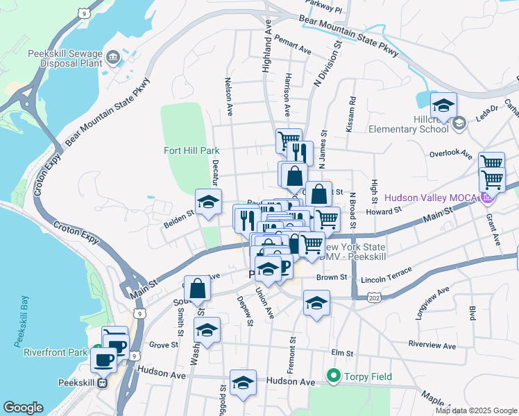 map of restaurants, bars, coffee shops, grocery stores, and more near 929 Paulding Street in Peekskill