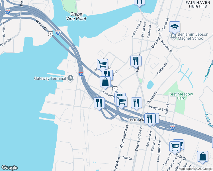 map of restaurants, bars, coffee shops, grocery stores, and more near 225 Fulton Terrace in New Haven