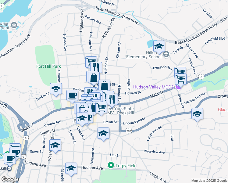 map of restaurants, bars, coffee shops, grocery stores, and more near 214 North Broad Street in Peekskill