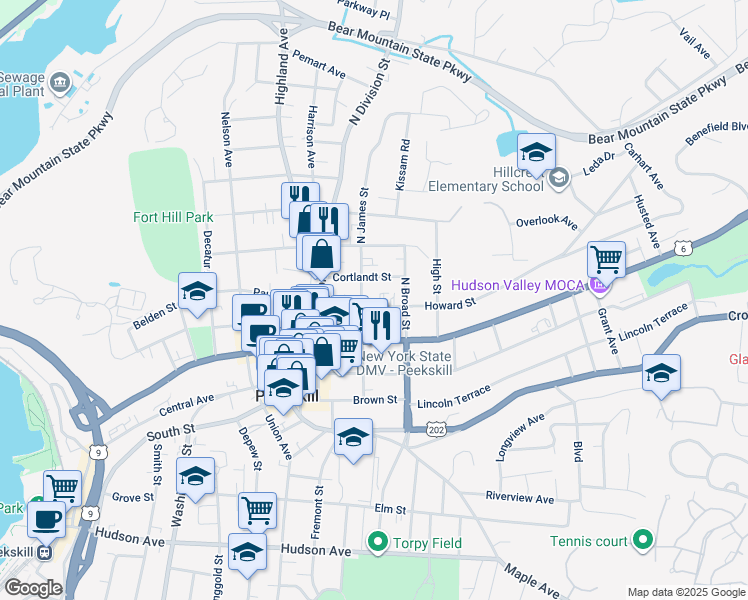 map of restaurants, bars, coffee shops, grocery stores, and more near 219 North James Street in Peekskill