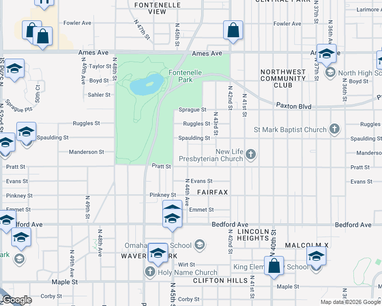 map of restaurants, bars, coffee shops, grocery stores, and more near 3739 North 44th Avenue in Omaha