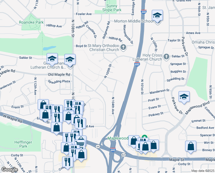 map of restaurants, bars, coffee shops, grocery stores, and more near 10486 Manderson Plaza in Omaha