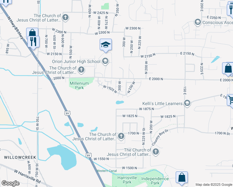map of restaurants, bars, coffee shops, grocery stores, and more near 1915 North 300 West in Harrisville