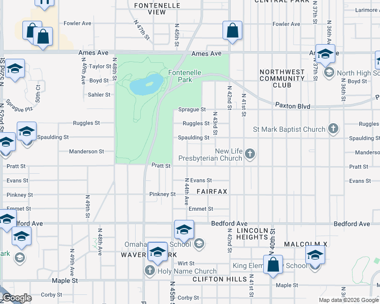 map of restaurants, bars, coffee shops, grocery stores, and more near 3739 North 44th Avenue in Omaha