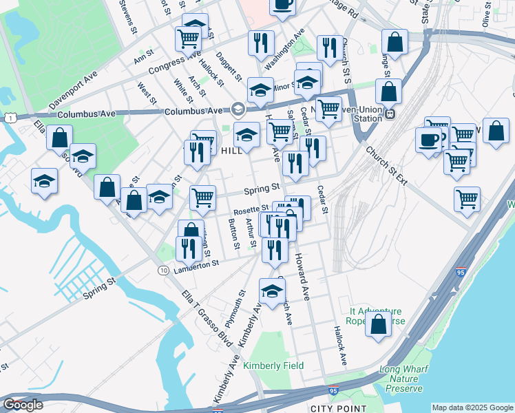 map of restaurants, bars, coffee shops, grocery stores, and more near 91 Rosette Street in New Haven