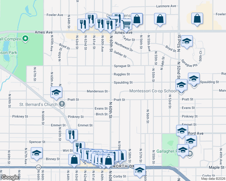 map of restaurants, bars, coffee shops, grocery stores, and more near 3725 North 60th Street in Omaha