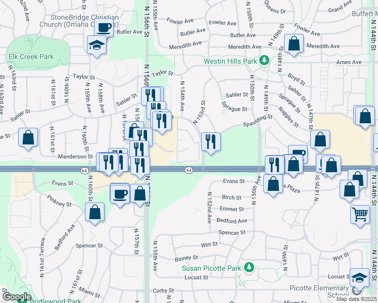 map of restaurants, bars, coffee shops, grocery stores, and more near 3904 North 153rd Court in Omaha