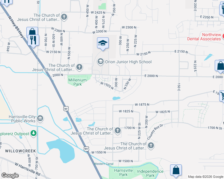 map of restaurants, bars, coffee shops, grocery stores, and more near 1922 North 325 West in Harrisville