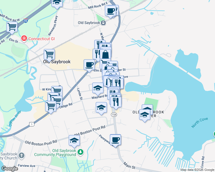 map of restaurants, bars, coffee shops, grocery stores, and more near 180 Main Street in Old Saybrook