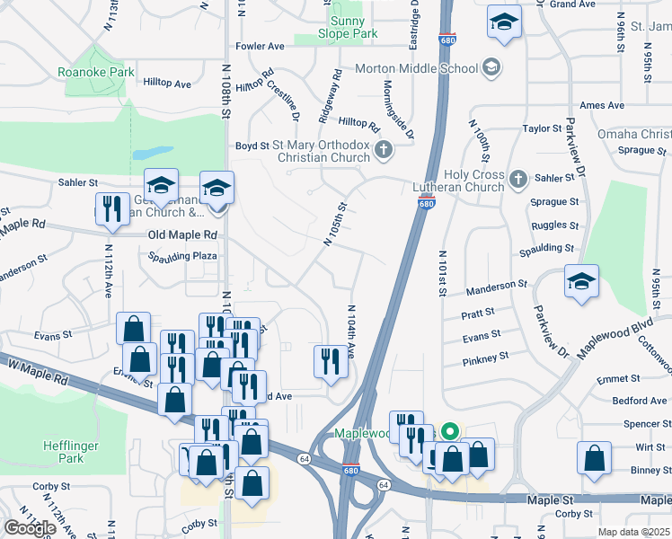 map of restaurants, bars, coffee shops, grocery stores, and more near 10486 Manderson Plaza in Omaha